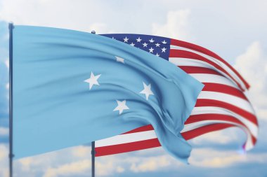 Mikronezya Birleşik Devletleri bayrağı ve bayrağı sallıyordu. Yakın görünüm, 3 boyutlu illüstrasyon.