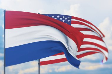 Amerikan bayrağı ve Hollanda bayrağı sallıyordu. Yakın görünüm, 3 boyutlu illüstrasyon.