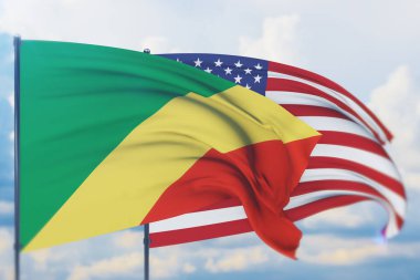 Amerikan bayrağı ve Kongo Cumhuriyeti bayrağı sallıyordu. Yakın görünüm, 3 boyutlu illüstrasyon.