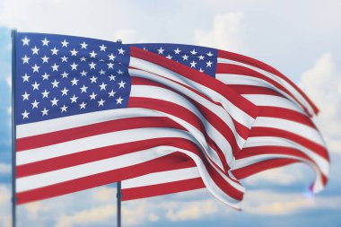 Dünyanın bayraklarını sallayan Amerikan Bayrağı. Yakın görünüm, 3 boyutlu illüstrasyon.