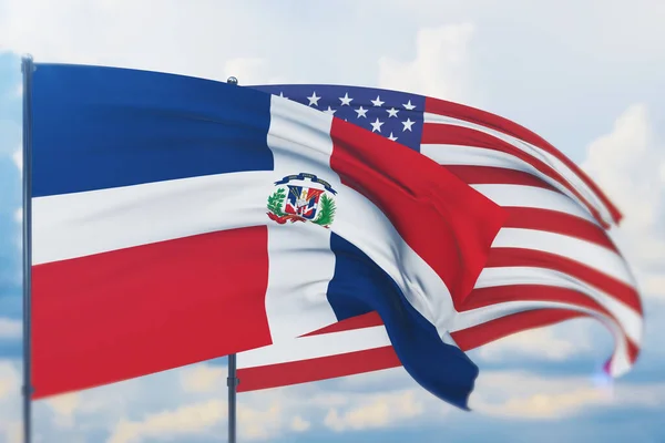 Ondeando bandera estadounidense y bandera de República Dominicana. Vista de primer plano, ilustración 3D. —  Fotos de Stock
