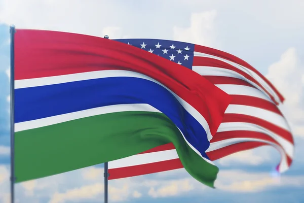 Waving American flag and flag of Gambia. Closeup view, 3D illustration. — Stock Photo, Image