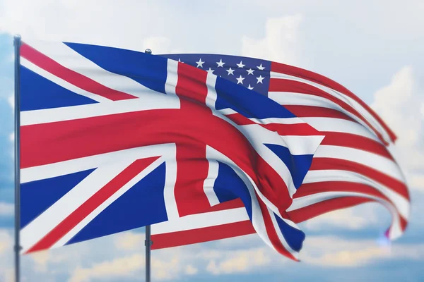 Amerikan bayrağı ve İngiliz bayrağı sallıyordu. Yakın görünüm, 3 boyutlu illüstrasyon.