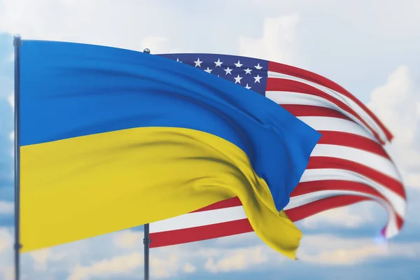Amerikan bayrağı ve Ukrayna bayrağı sallıyordu. Yakın görünüm, 3 boyutlu illüstrasyon.