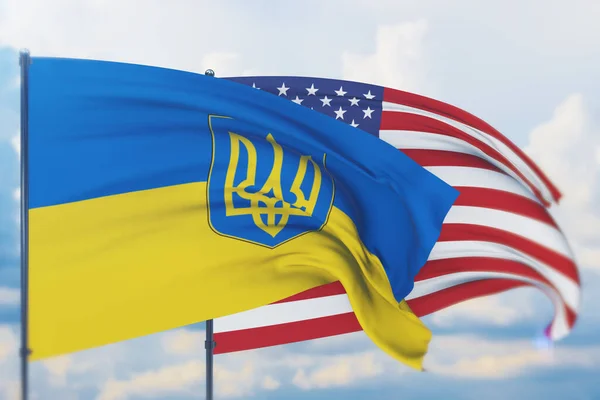 Die amerikanische Flagge und die ukrainische Flagge schwenkend. Nahaufnahme, 3D-Illustration. — Stockfoto
