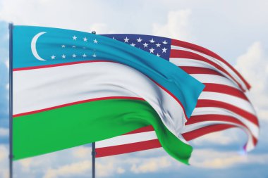 Amerikan bayrağı ve Özbekistan bayrağı sallıyordu. Yakın görünüm, 3 boyutlu illüstrasyon.