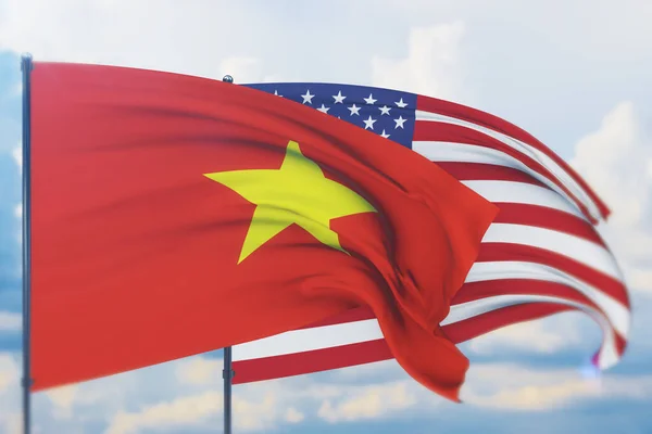 ベトナムのアメリカ国旗と旗を振る。クローズアップビュー、 3Dイラスト. — ストック写真