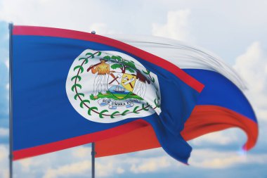 Rus bayrağı ve Belize bayrağı sallıyordu. Yakın görünüm, 3 boyutlu illüstrasyon.