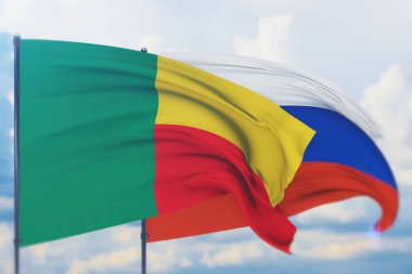 Rus bayrağı ve Benin bayrağı sallıyordu. Yakın görünüm, 3 boyutlu illüstrasyon.