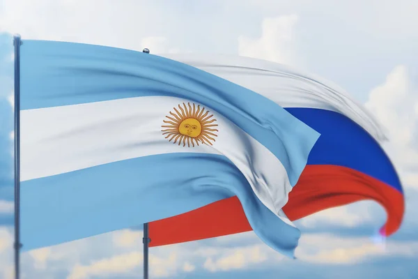 Acenando bandeira russa e bandeira da Argentina. Vista de perto, ilustração 3D. — Fotografia de Stock
