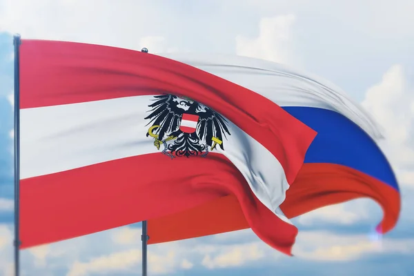 Zwaaiende Russische vlag en vlag van Oostenrijk staat. Close-upweergave, 3D-illustratie. — Stockfoto