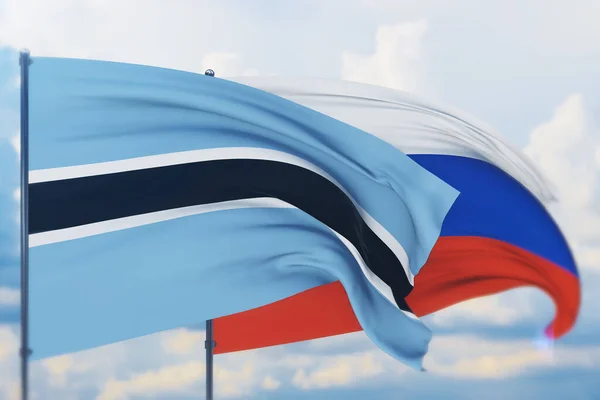 Sventola bandiera russa e bandiera del Botswana. Vista da vicino, illustrazione 3D. — Foto Stock