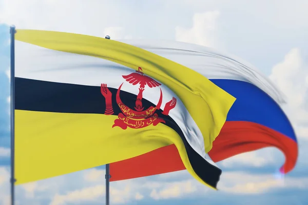 Ondeando bandera rusa y bandera de Brunei. Vista de primer plano, ilustración 3D. —  Fotos de Stock