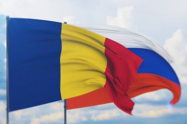 Rus bayrağı ve Çad bayrağı sallıyordu. Yakın görünüm, 3 boyutlu illüstrasyon.