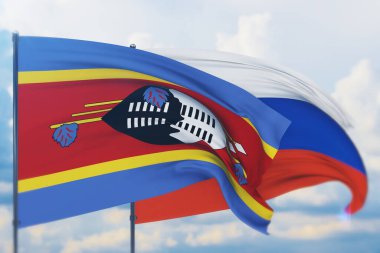 Rus bayrağı ve Eswatini bayrağı sallıyordu. Yakın görünüm, 3 boyutlu illüstrasyon.