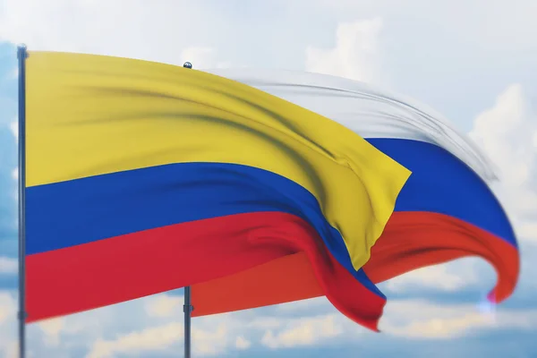 Das Schwenken der russischen Flagge und der kolumbianischen Flagge. Nahaufnahme, 3D-Illustration. — Stockfoto