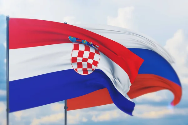 Ondeando bandera rusa y bandera de Croacia. Vista de primer plano, ilustración 3D. —  Fotos de Stock