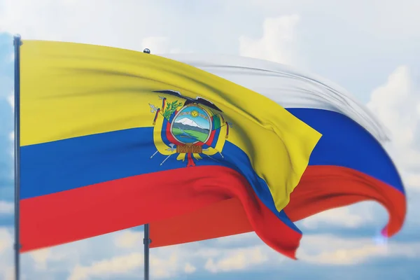 Rus bayrağı ve Ekvador bayrağı sallıyordu. Yakın görünüm, 3 boyutlu illüstrasyon. — Stok fotoğraf