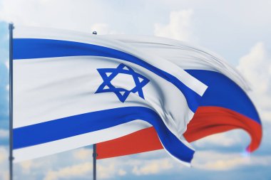 Rus bayrağı ve İsrail bayrağı sallıyordu. Yakın görünüm, 3 boyutlu illüstrasyon.