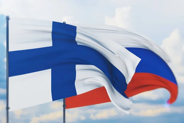 Waving Russian flag and flag of Finland. Closeup view, 3D illustration. — Stock Photo, Image