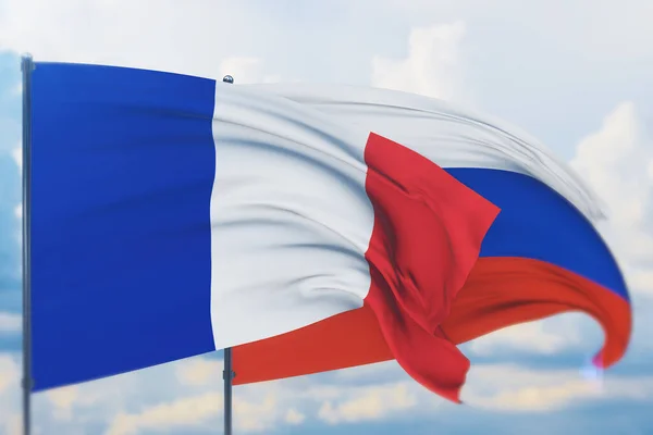 stock image Waving Russian flag and flag of France. Closeup view, 3D illustration.