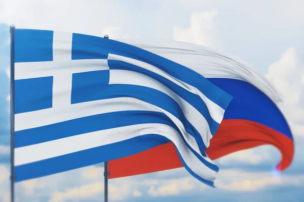 飘扬的俄罗斯国旗和希腊国旗。Closeup view, 3D illustration. — 图库照片