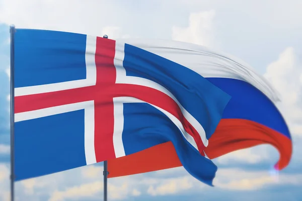 Acenando bandeira russa e bandeira da Islândia. Vista de perto, ilustração 3D. — Fotografia de Stock