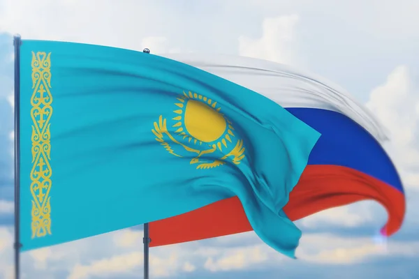 Ondeando bandera rusa y bandera de Kazajstán. Vista de primer plano, ilustración 3D. —  Fotos de Stock