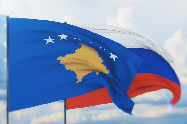 Ondeando bandera rusa y bandera de Kosovo. Vista de primer plano, ilustración 3D. —  Fotos de Stock