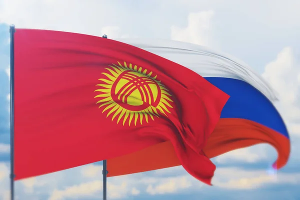 Ondeando bandera rusa y bandera de Kirguistán. Vista de primer plano, ilustración 3D. —  Fotos de Stock