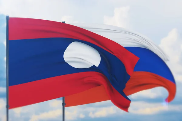 Vinka ryska flagga och flagga Laos. Närbild, 3D-illustration. — Stockfoto