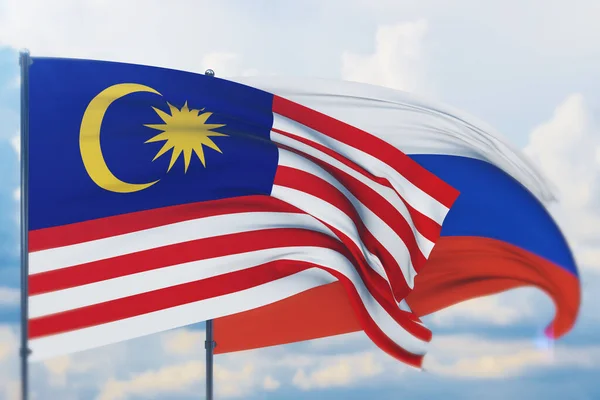 Ondeando bandera rusa y bandera de Malasia. Vista de primer plano, ilustración 3D. —  Fotos de Stock