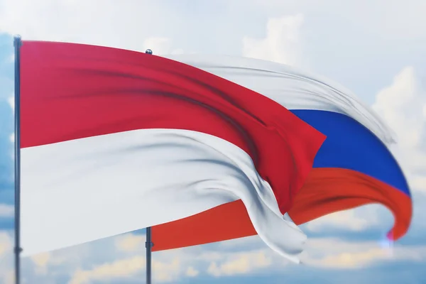 Размахивая флагом России и Монако. Вид крупным планом, 3D иллюстрация. — стоковое фото