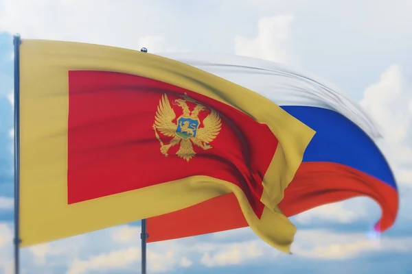 Ondeando bandera rusa y bandera de Montenegro. Vista de primer plano, ilustración 3D. —  Fotos de Stock