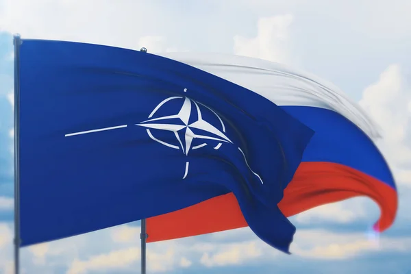 Rus bayrağı ve NATO bayrağı sallıyordu. Yakın görünüm, 3 boyutlu illüstrasyon.
