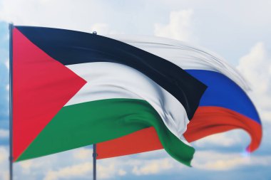 Rus bayrağı ve Filistin bayrağı sallıyordu. Yakın görünüm, 3 boyutlu illüstrasyon.