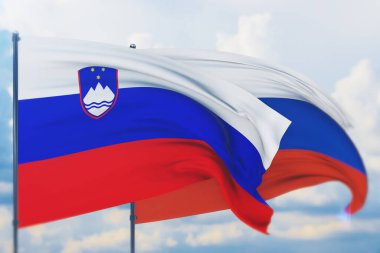 Rus bayrağı ve Slovenya bayrağı sallıyordu. Yakın görünüm, 3 boyutlu illüstrasyon.