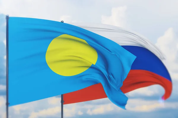 Ondeando bandera rusa y bandera de Palaos. Vista de primer plano, ilustración 3D. —  Fotos de Stock