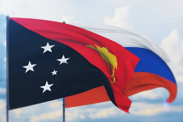 Ondeando bandera rusa y bandera de Papúa Nueva Guinea. Vista de primer plano, ilustración 3D. —  Fotos de Stock