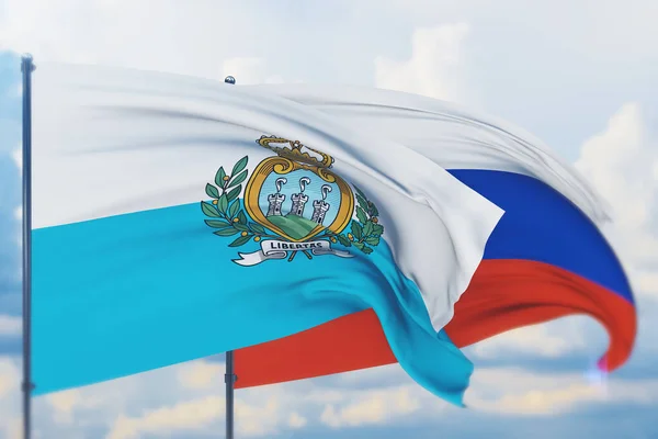 Waving Russian flag and flag of San Marino. Closeup view, 3D illustration. — Stock Photo, Image