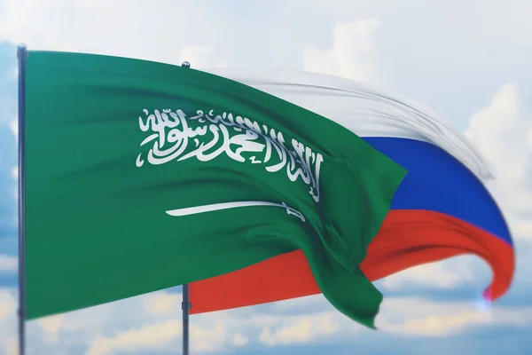 Das Schwenken der russischen Flagge und der Flagge Saudi-Arabiens. Nahaufnahme, 3D-Illustration. — Stockfoto