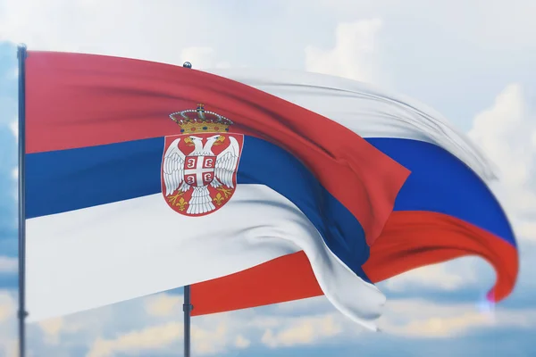 Zwaaiende Russische vlag en vlag van Servië. Close-upweergave, 3D-illustratie. — Stockfoto