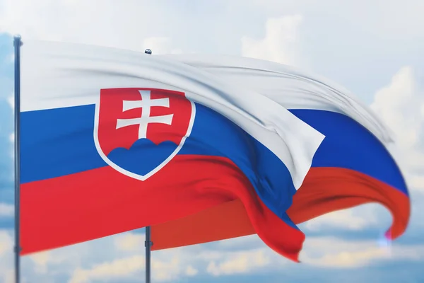 Rus bayrağı ve Slovakya bayrağı sallıyordu. Yakın görünüm, 3 boyutlu illüstrasyon.