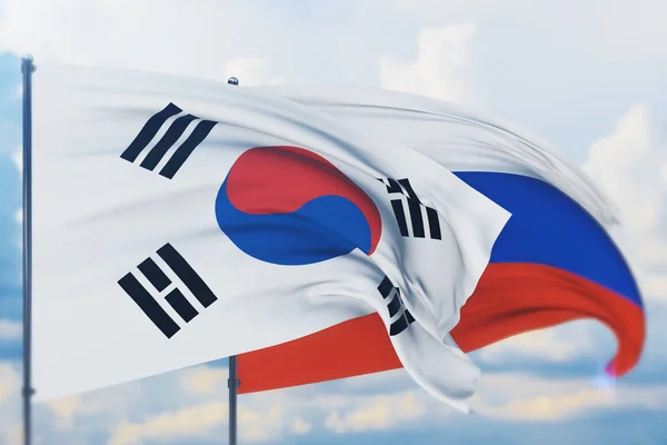 飘扬着俄罗斯国旗和韩国国旗。Closeup view, 3D illustration. — 图库照片