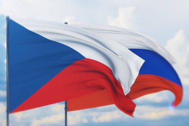 Rus bayrağı ve Çek Cumhuriyeti bayrağı sallıyordu. Yakın görünüm, 3 boyutlu illüstrasyon.