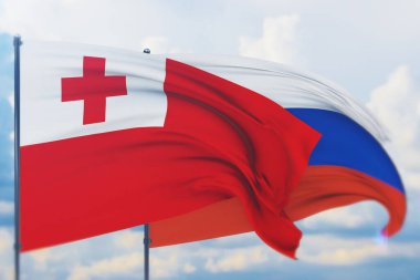 Rus bayrağı ve Tonga bayrağı sallıyordu. Yakın görünüm, 3 boyutlu illüstrasyon.