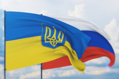 Rus bayrağı ve Ukrayna bayrağı sallıyordu. Yakın görünüm, 3 boyutlu illüstrasyon.