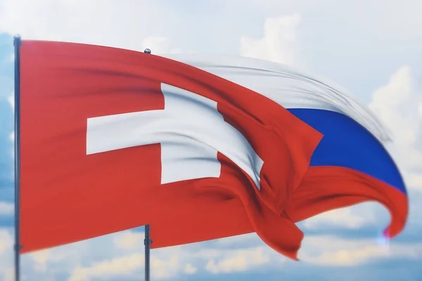 Zwaaiende Russische vlag en vlag van Zwitserland. Close-upweergave, 3D-illustratie. — Stockfoto