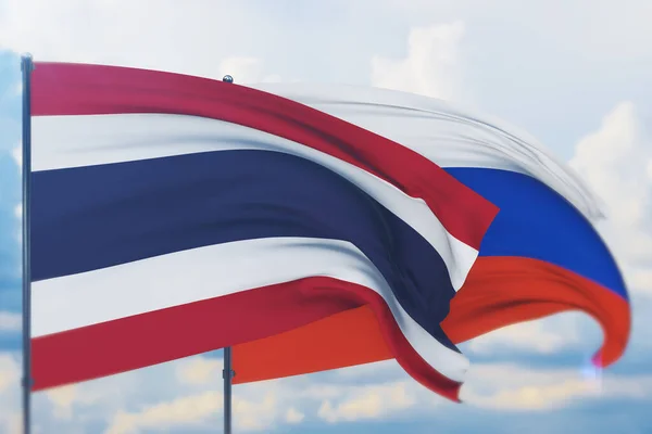 Ondeando bandera rusa y bandera de Tailandia. Vista de primer plano, ilustración 3D. —  Fotos de Stock