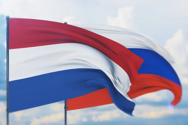 Waving Russian flag and flag of Netherlands. Closeup view, 3D illustration. — Stock Photo, Image